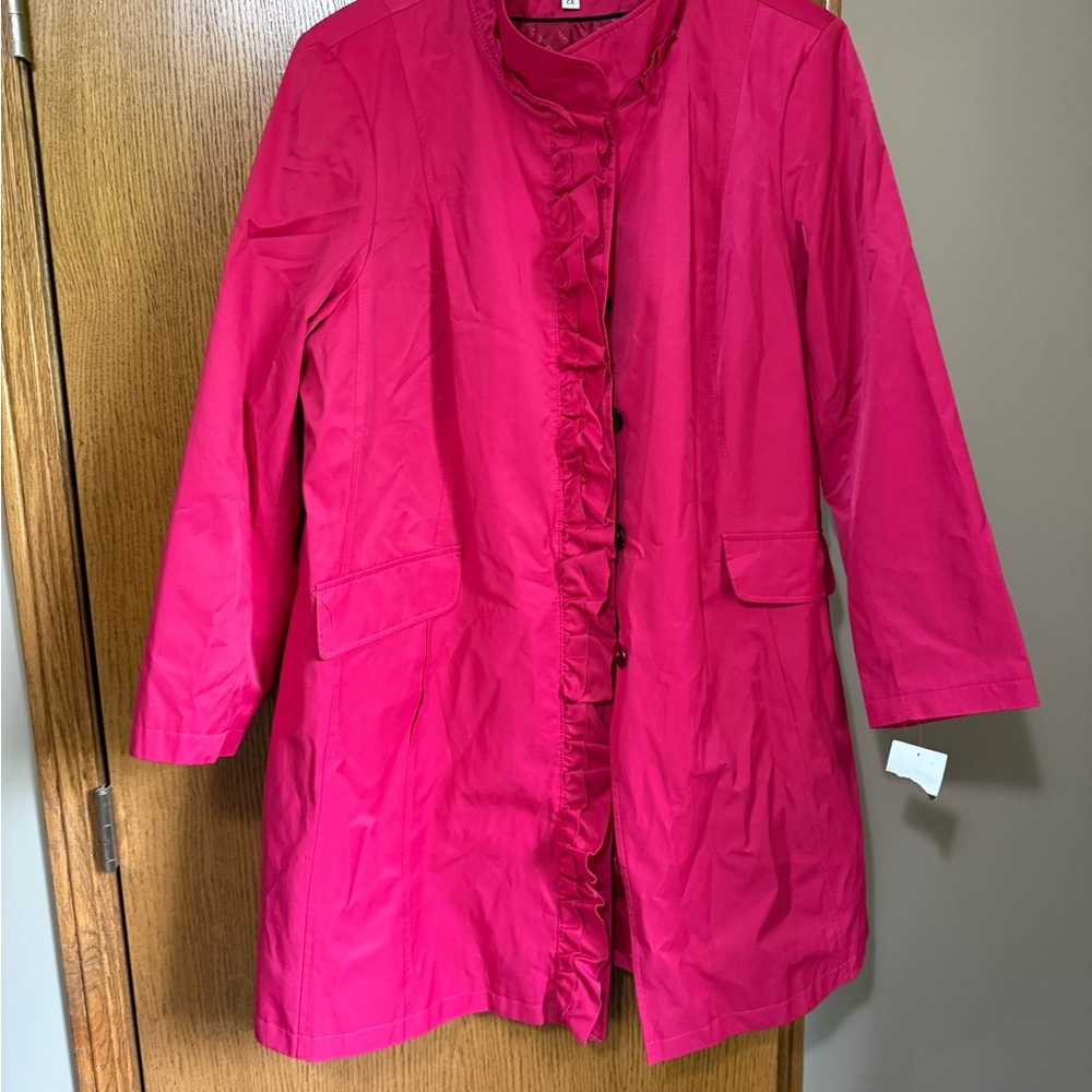 DKNY Bright Pink Trench Coat with Ruffle Accent